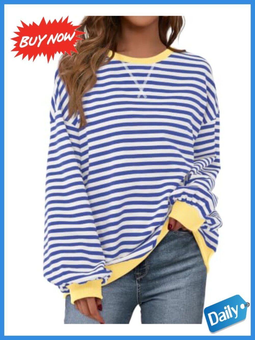 Oversized Striped Sweatshirt Lantern Sleeve Crewneck Pullover